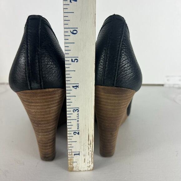 Tory Burch Wedge Pumps Women's Size 9 M Black Gold Leather Logo Peep Toe Wood - Picture 8 of 14